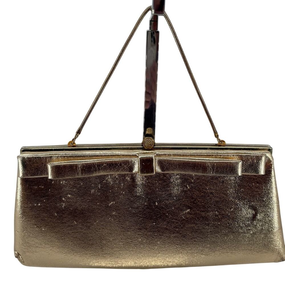 Vintage HL USA Gold Metallic Evening Clutch Purse Bow Frame Bag Chain Strap 50's